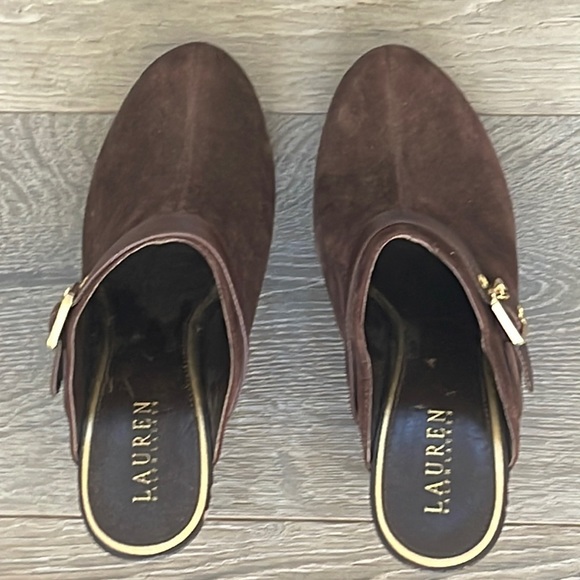 Ralph Lauren Chocolate Brown Suede Leather Wedge Heel Clogs Buckle Accent Size 9 - Picture 3 of 9